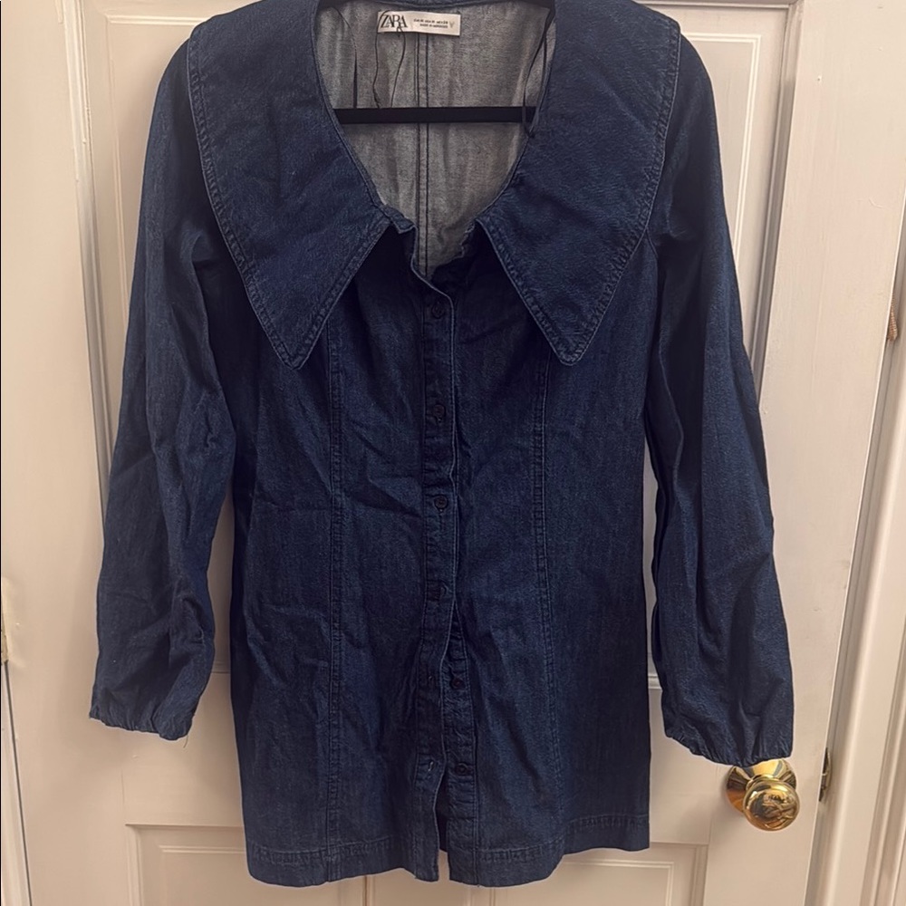 Zara Deep Blue Denim Shirt Jacket with Pointed Collar